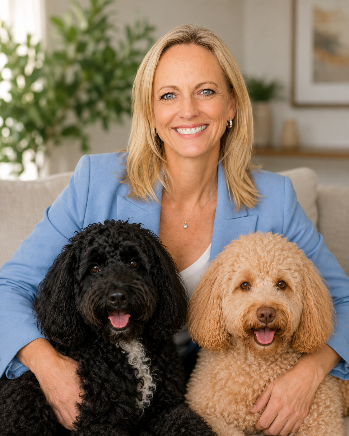 Kylie with Charlie and Frank — Reset Space's founder and wellbeing companions