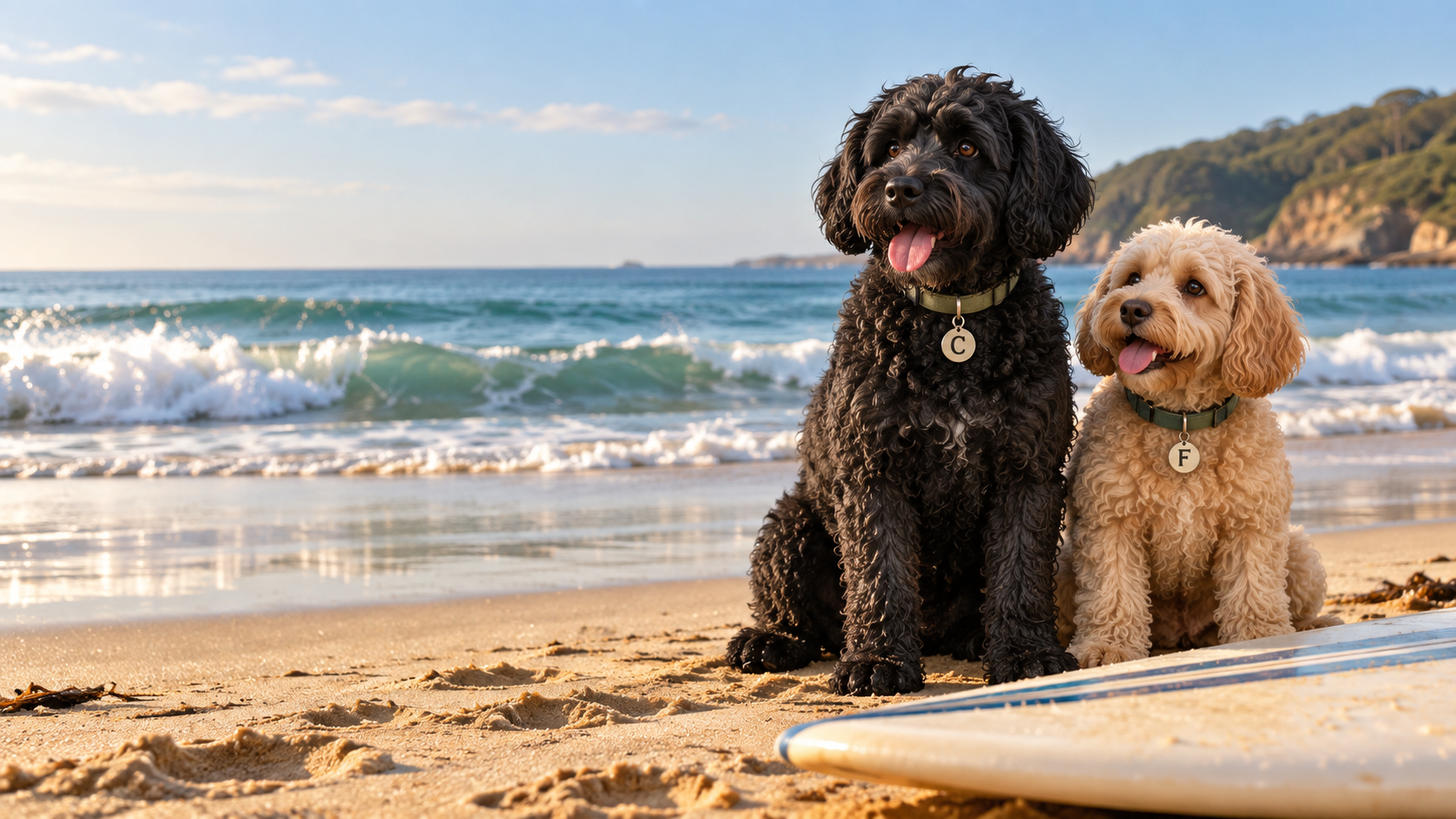 Charlie and Frank sitting together on the beach at the water's edge