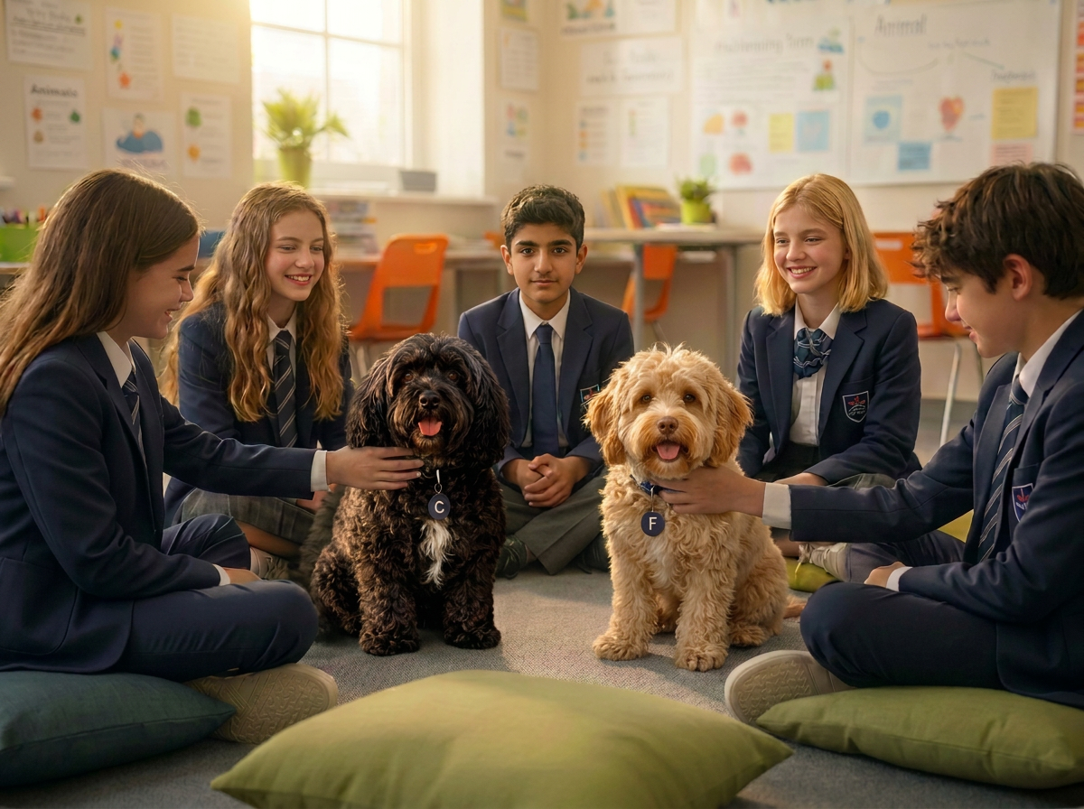 Charlie and Frank with students during a Reset Space wellbeing lesson